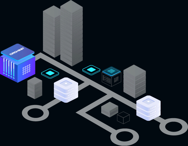 A blue line connects a purple Orchest cube with two white data center shapes on a circuit board